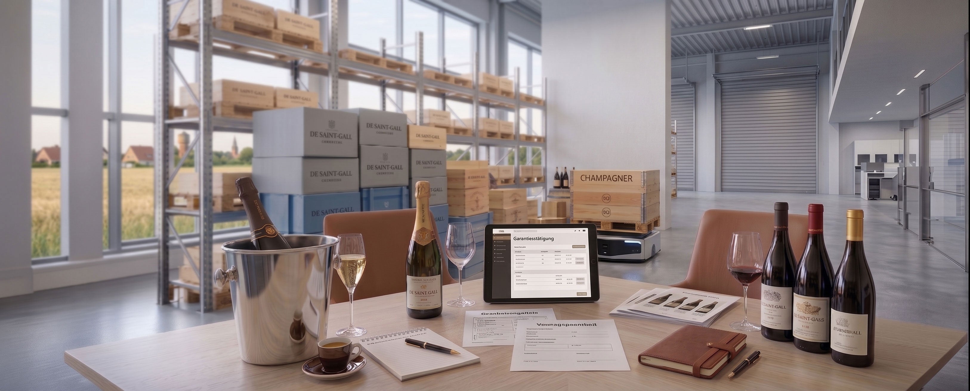 B2B-Verkostungstisch mit Champagner, Wein und Tablet. Im Hintergrund moderne Lagerhalle mit De Saint-Gall Weinkisten.